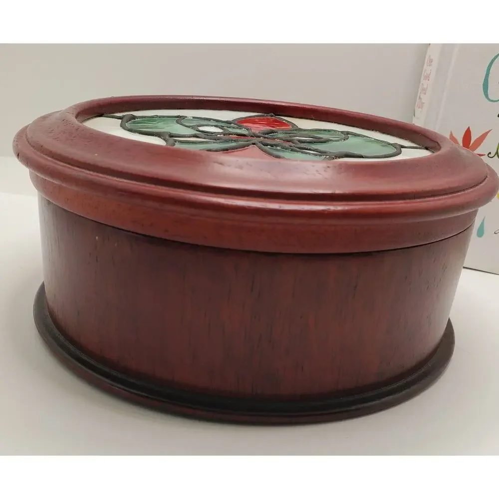 Vintage Clarity Round Cherry Stained Stained Glass Trinket Jewerly Box 7.5 Inch